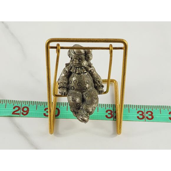 Mini Pewter Clown On Brass Swing 3 1/4" Figurine 90's George Good Home Decor Vtg - Picture 14 of 14